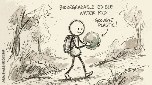 Stick figure character holding biodegradable edible water pod in nature  