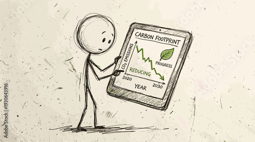 Sketchy hand-drawn stick figure character tracking their shrinking carbon footprint on a tablet, digital sustainability tracking concept.
