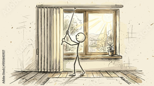 Sketchy hand-drawn stick figure character opening thermal blinds for passive solar heating in eco-friendly home architecture  