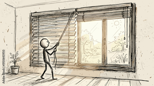Stick figure character opening thermal blinds for passive solar heating  