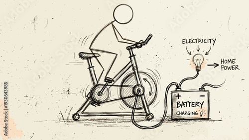 Sketchy hand-drawn stick figure character generating electricity on a kinetic exercise bike, human-powered energy concept.