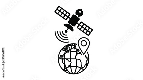 Simple black icon of a global positioning satellite orbiting Earth with a location pin symbol for navigation and tracking tech.