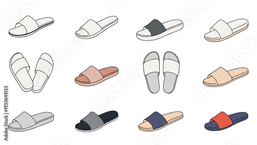 Variety of flat slide sandals for summer wear shown in different colors and positions for footwear design and retail catalogues.