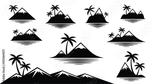 Tropical Island Icon Vector Vacation Tourism Palm Silhouettes