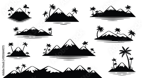 Tropical Island Icon Vector Palm Tree Mountain Silhouettes