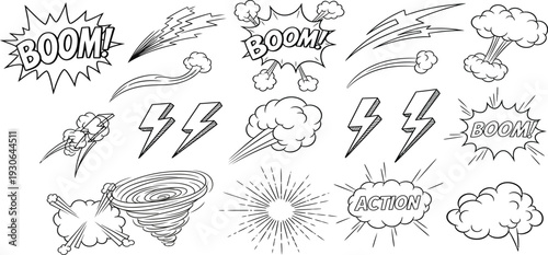 Comic book style explosion and lightning bolt illustrations with sound effects