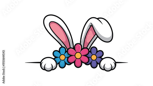 Cute bunny ears with flowers and paws peeking over white background