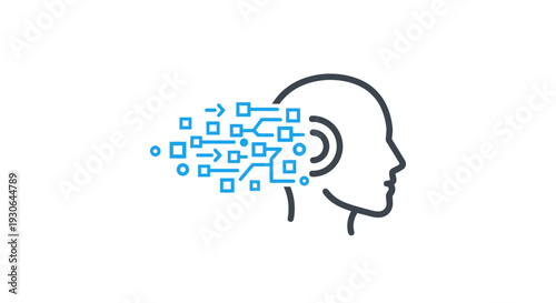 Digital human head with data flow.