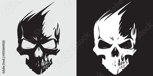 Angry skull face split black white vector illustration flat design graphic art