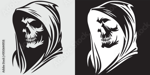Grim reaper skull with hood vector illustration, dark gothic death art, spooky horror flat design