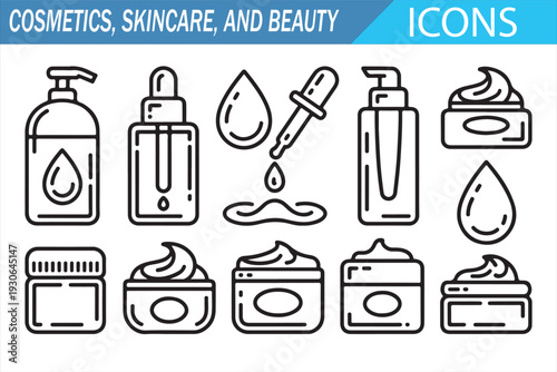 Cosmetics Bottle, Serum and Cream Line Icons for Spa and Wellness