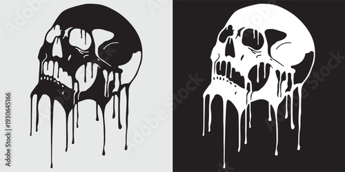 Broken skull dripping black liquid horror fear vector illustration flat design