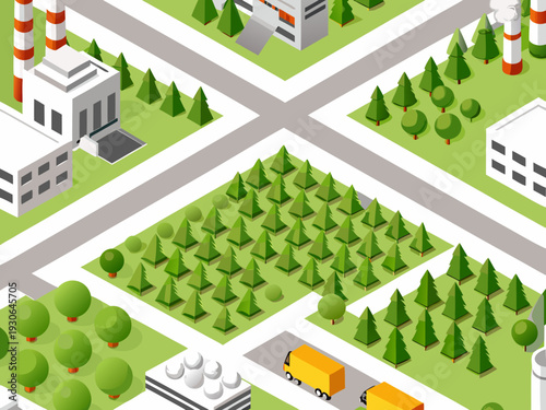 Isometric illustration of an industrial city with factories and green spaces