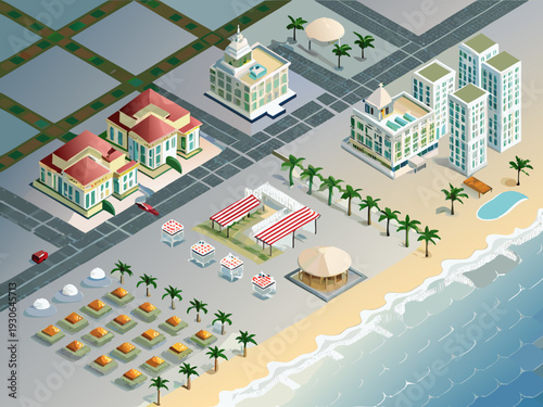 Isometric coastal resort town with buildings beach and palm trees