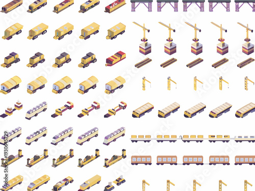 Isometric collection of colorful toy trains construction vehicles and railroad elements
