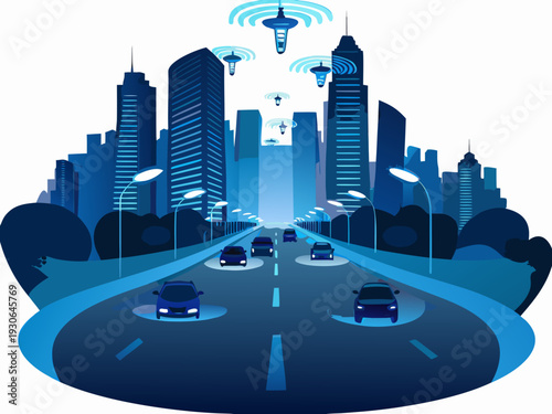 A futuristic smart city landscape with drones and autonomous vehicles