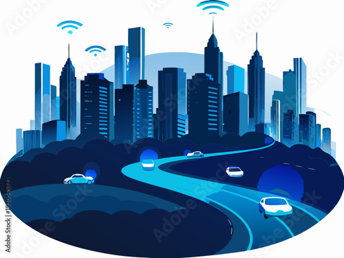 A futuristic cityscape illustration with connected vehicles and wireless signals