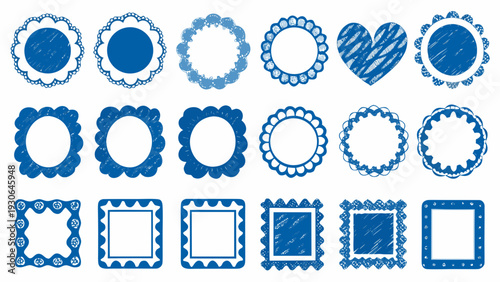 Collection of hand drawn blue circular floral and square frames
