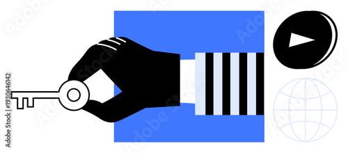 Digital security, online access, multimedia use, global connectivity, cybersecurity, unlocking systems. A hand holds a key near global and media symbols. Digital security and online access