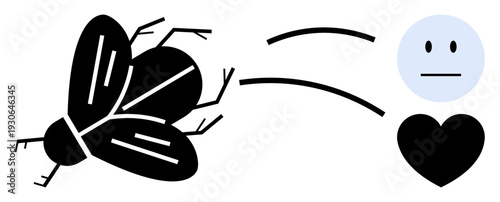 Emotional evolution, abstract concepts, communication, transformation, psychology, symbols. Fly merging into a neutral face and heart. Emotional evolution and abstract concepts visually