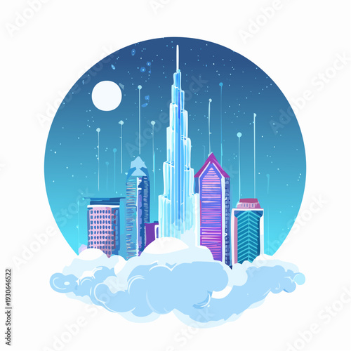 Futuristic cityscape with skyscrapers and clouds at night.