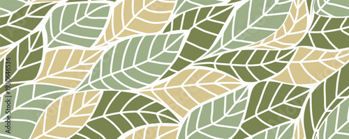 Seamless pattern with green outline leaves. Natural hand drawn design. Great for textile, fabric, wallpaper, wrapping, scrapbook and packaging