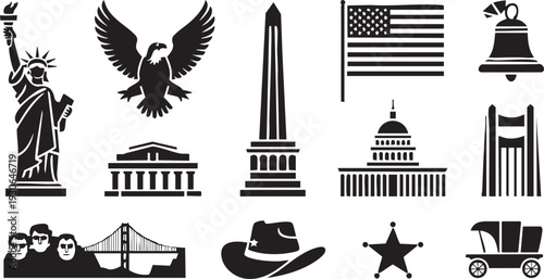 Collection of black silhouette icons representing various American and Canadian national symbols and landmarks on a white background.