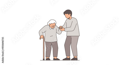 Young man helps elderly woman with cane, caregiving concept