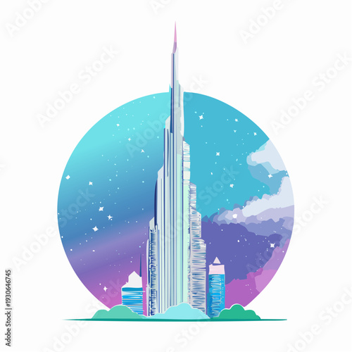 Futuristic Skyscraper Illustration with Celestial Background.