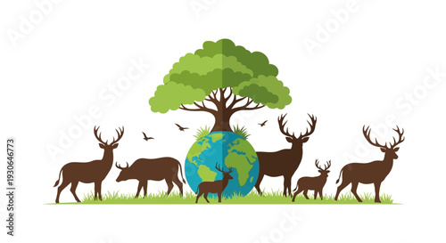 Diverse Wildlife on Earth with Tree, Nature Conservation