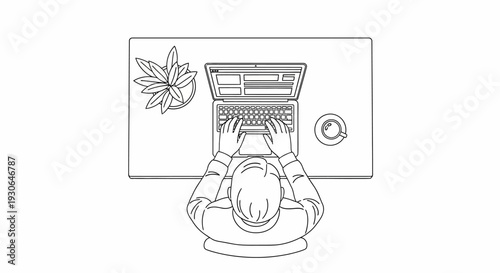 Top view of person typing on laptop, desk with plant and coffee