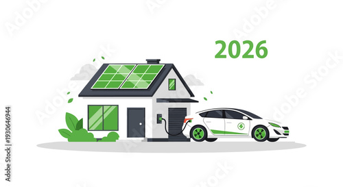 Eco-friendly electric car charging at solar-powered house, 2026 concept