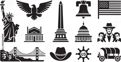 Collection of black silhouette icons representing various American and Canadian national symbols and landmarks on a white background.