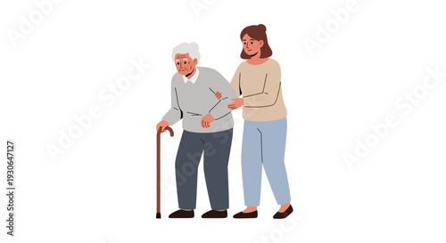 Caregiver assisting elderly man with cane, support and help concept