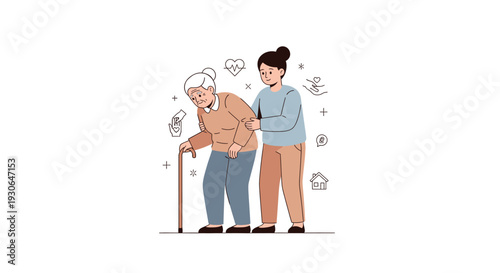 Elderly woman with walking cane assisted by young caregiver