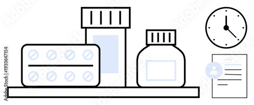 Healthcare, medication, time management, pharmacy services, treatment, organization. Multiple medicine items with a clock and prescription document. Healthcare and medication concept