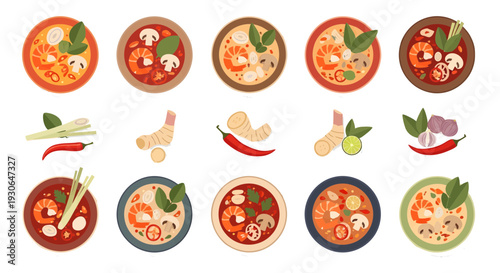 Top view vector set of Tom Yum Goong soup bowls with Thai herbs and spicy ingredients isolated on white