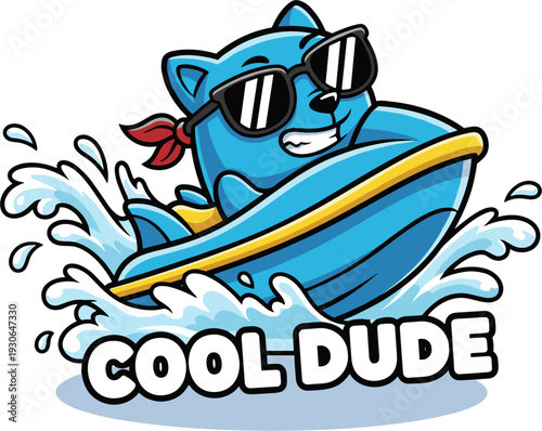 Blue Cartoon Cat Character Riding a Jet Ski with Sunglasses and Bandana in Water Splashes