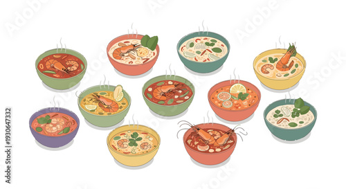 Vector illustration of various Thai Tom Yum Goong spicy shrimp soup bowls with lime and herbs
