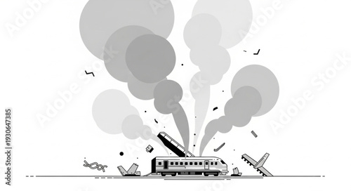 Damaged Train Wreckage Explosion Scene.