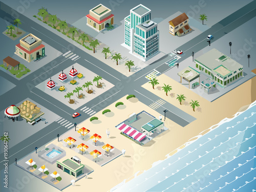 Isometric coastal resort town with buildings beach and ocean view