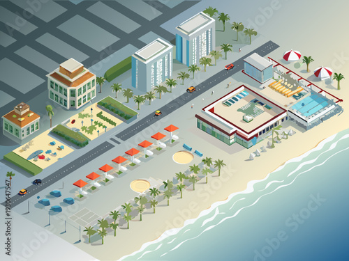 Isometric illustration of a vibrant coastal resort town with beach and buildings