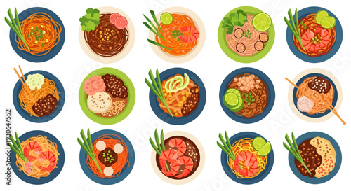 Thai Street Food Pad Thai Noodles Set Illustration Vector, Authentic Stir-Fried Rice Noodles with Shrimp, Lime, and Peanuts on Colorful Plates Isolated on White Background