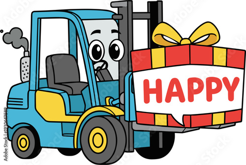 Cute Blue 2D Vector Forklift Character Delivering a Happy Gift Box With Yellow Bow and Red Ribbon