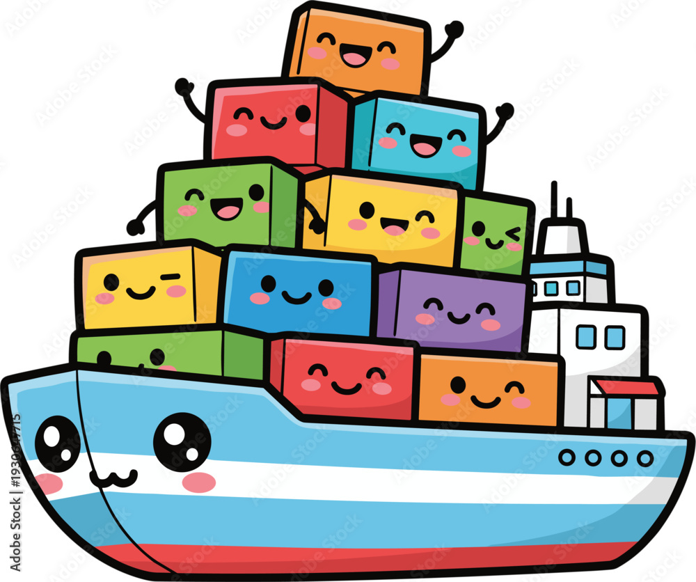 Naklejka premium Cute Cartoon Cargo Ship Stacked High With Happy Colorful Shipping Containers