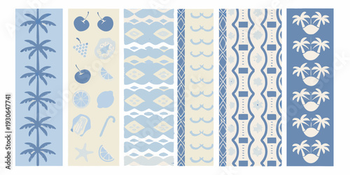 Repeating patterns of tropical fruits plants and geometric shapes