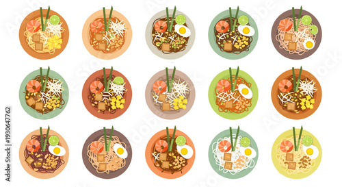 Set of Pad Thai Noodle Illustrations with Shrimps, Tofu, and Eggs on Colorful Plates Top View Thai Food Vector