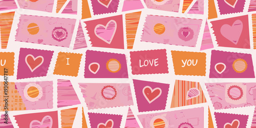 Colorful postage stamps with hearts and affectionate messages fill the frame