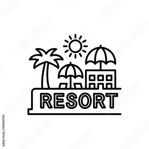 Beach Resort Illustration with Palm Trees Sun and Umbrellas for Travel and Vacation Themes