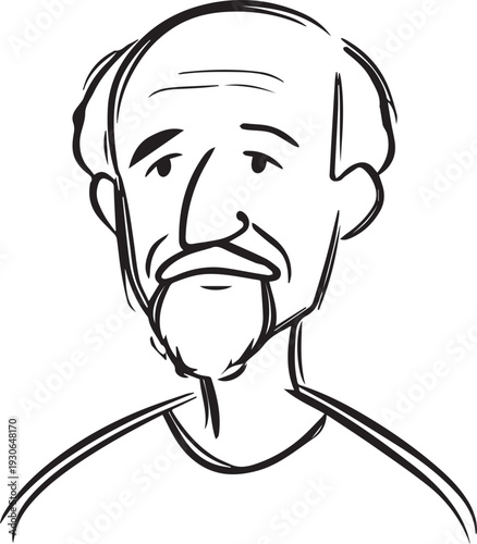 Hand Drawn Old Man Black and White Avatar Illustration in Minimal Line Art Style Design